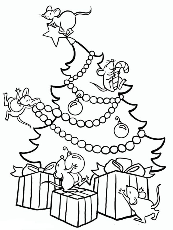 Myszki ozdabiają drzewo świąteczne kolorowanka do druku